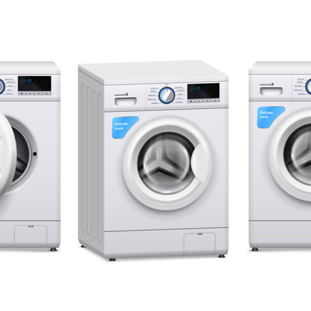 Realistic set of three washing machines with open and closed front door isolated on white background vector illustration