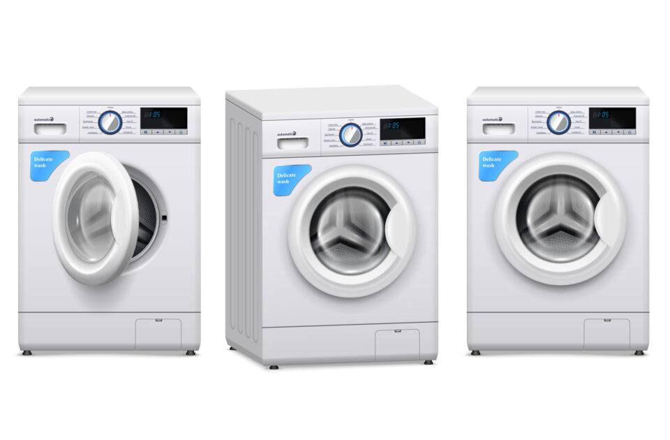 Realistic set of three washing machines with open and closed front door isolated on white background vector illustration